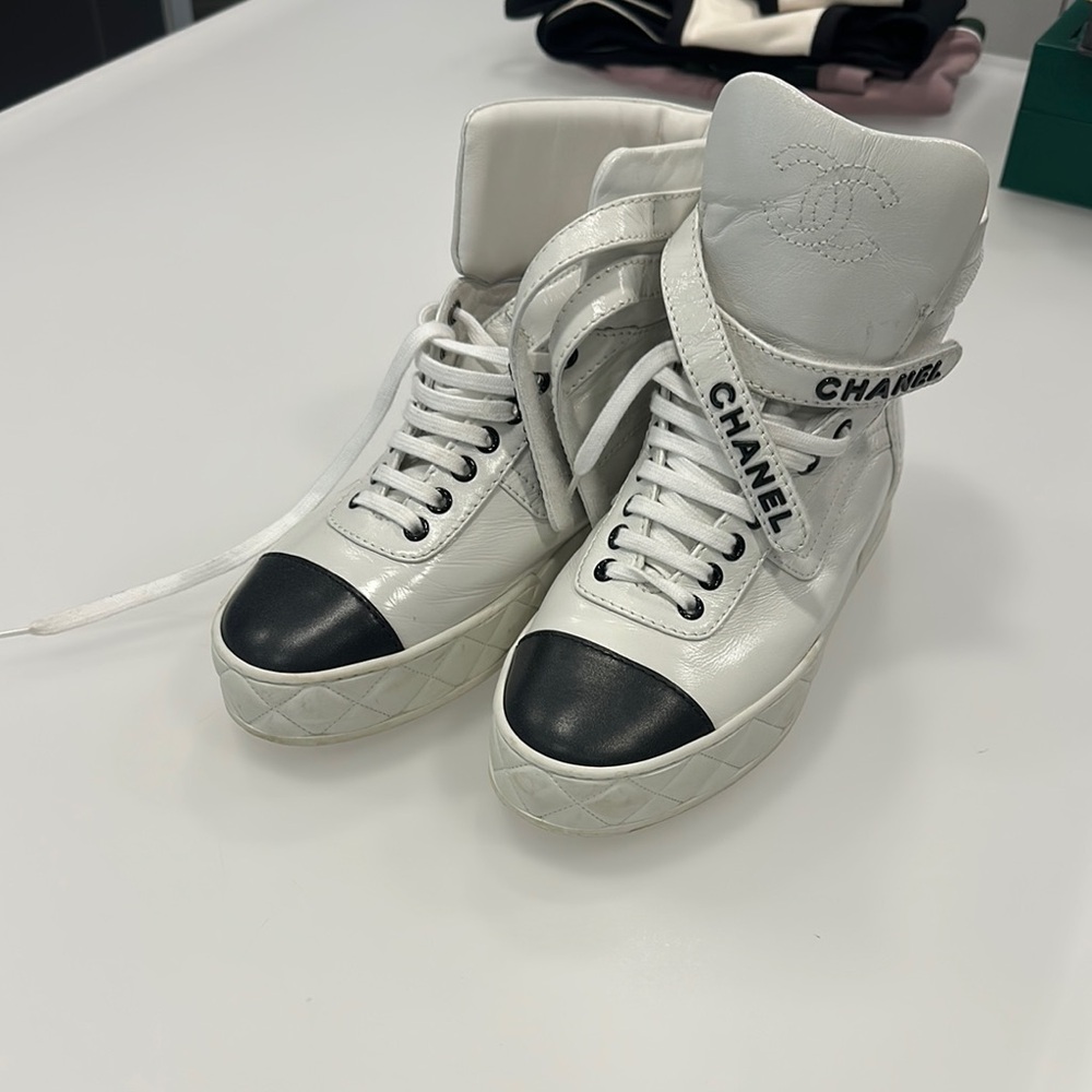 Chanel White and Black High-Top Sneakers